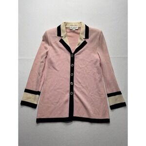 St. John Sweater Womens 6 Pink Collared Button Front Long Knit Cardigan